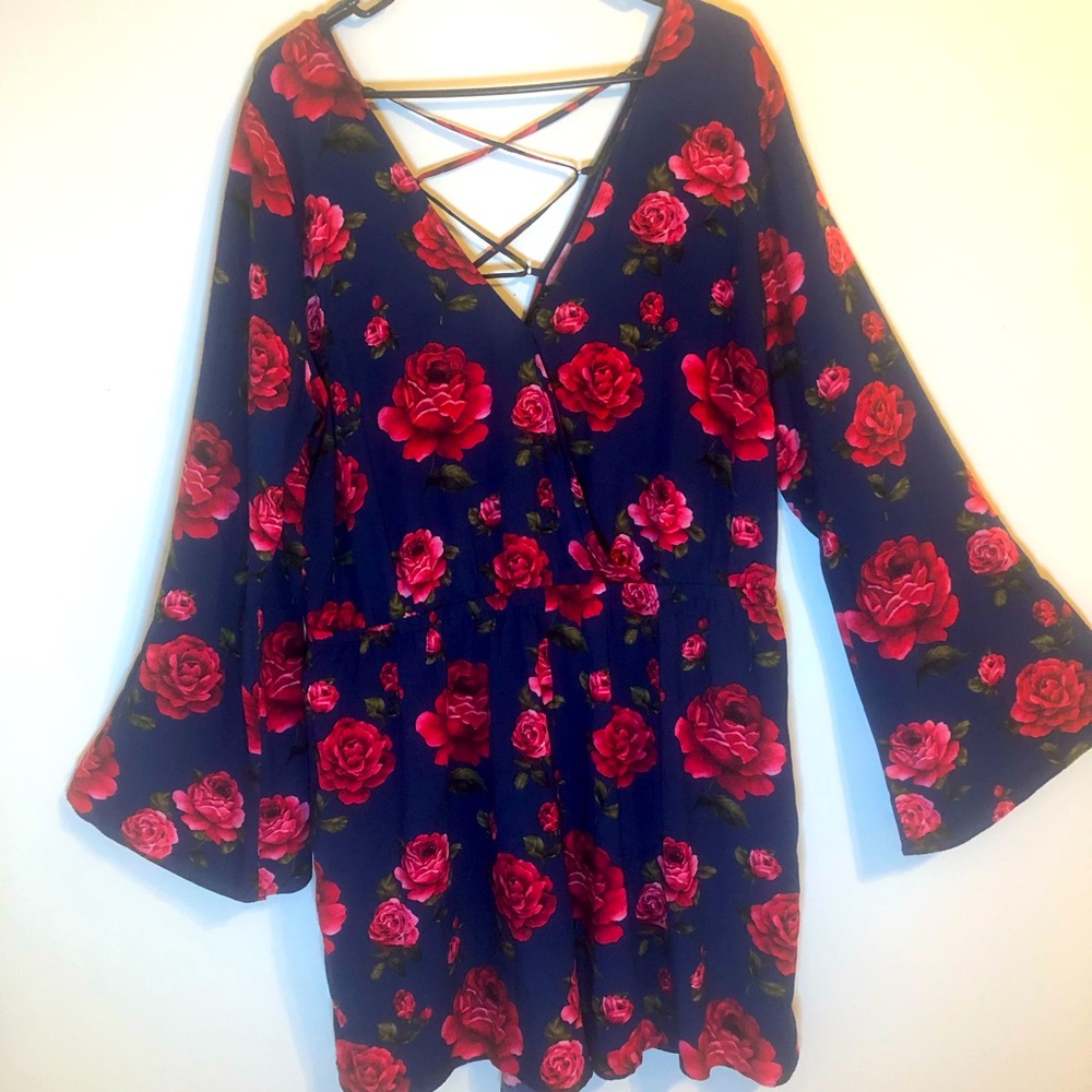 Navy Blue and floral Bell Sleeve Romper